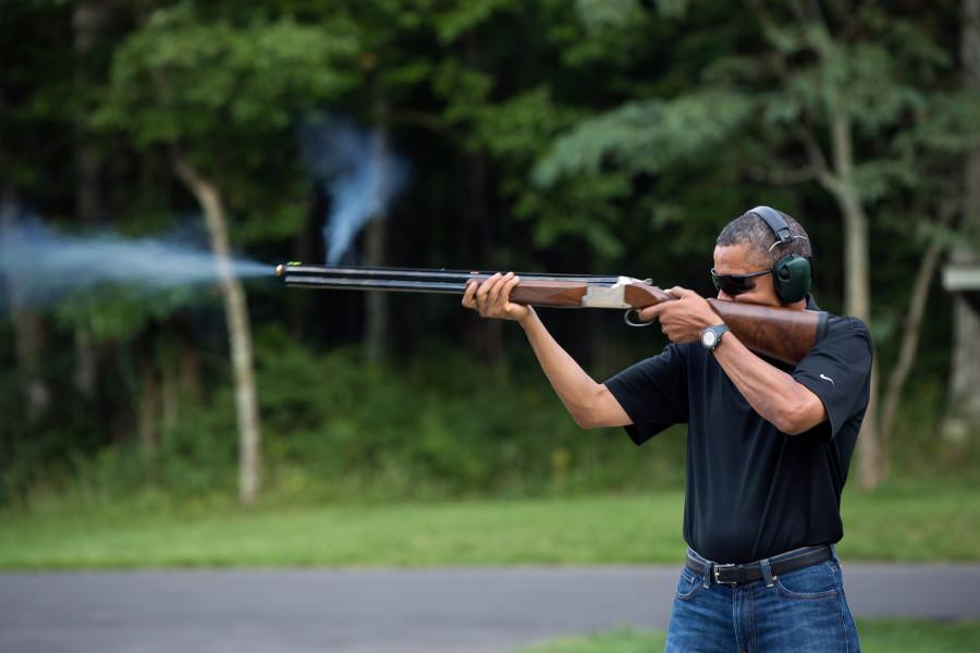 President Barack Obama shoots clay targets on the range at Camp David, Md., Saturday, Aug. 4, 2012. (Official White House Photo by Pete Souza)

This official White House photograph is being made available only for publication by news organizations and/or for personal use printing by the subject(s) of the photograph. The photograph may not be manipulated in any way and may not be used in commercial or political materials, advertisements, emails, products, promotions that in any way suggests approval or endorsement of the President, the First Family, or the White House.