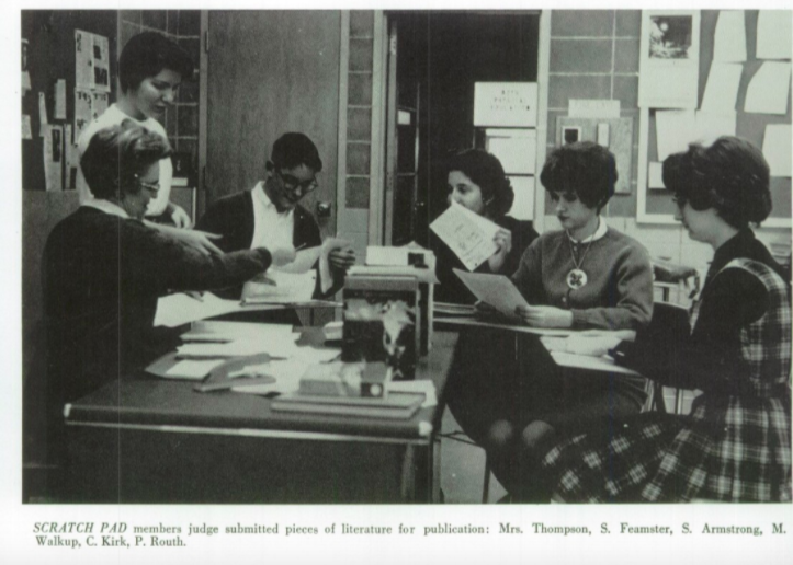 Scratchpad members from the 1963 yearbook judge submitted pieces of literature for publication: Mrs. Thompson, S. Feamster, S. Armstrong, M. Walkup, C. Kirk, P. Routh
