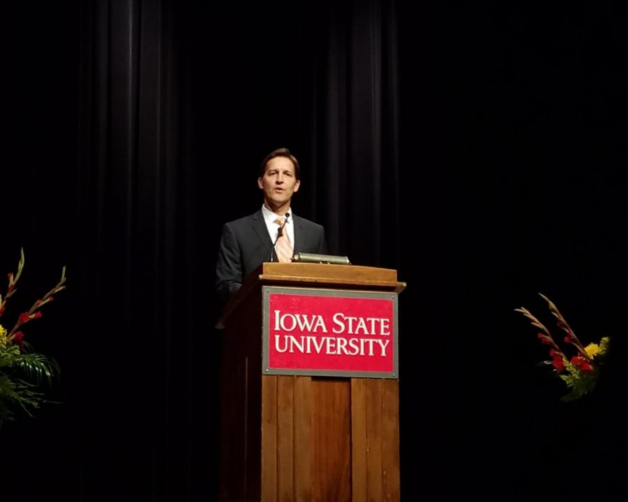 Ben Sasse speaks at the great hall in the Iowa State memorial union.