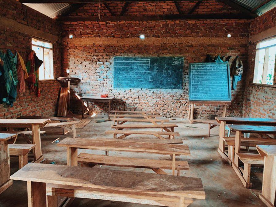 The classroom in Uganda with the lyrics of Twinkle, Twinkle, Little Star written on the board.