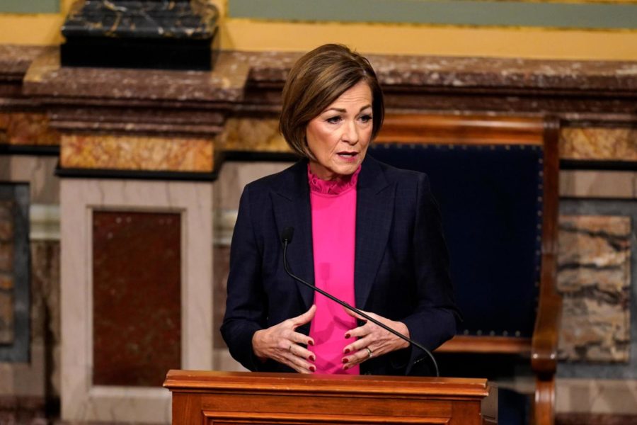 Iowa Gov. Kim Reynolds delivers her Condition of the State address before a joint session of the Iowa Legislature, Tuesday, Jan. 11, 2022, at the Statehouse in Des Moines, Iowa. (AP Photo/Charlie Neibergall)