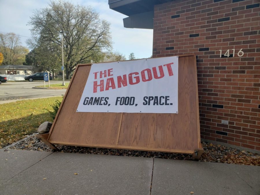 The Hangouts main sign, pictured leaning against the side of the Northern Presbyterian Church.