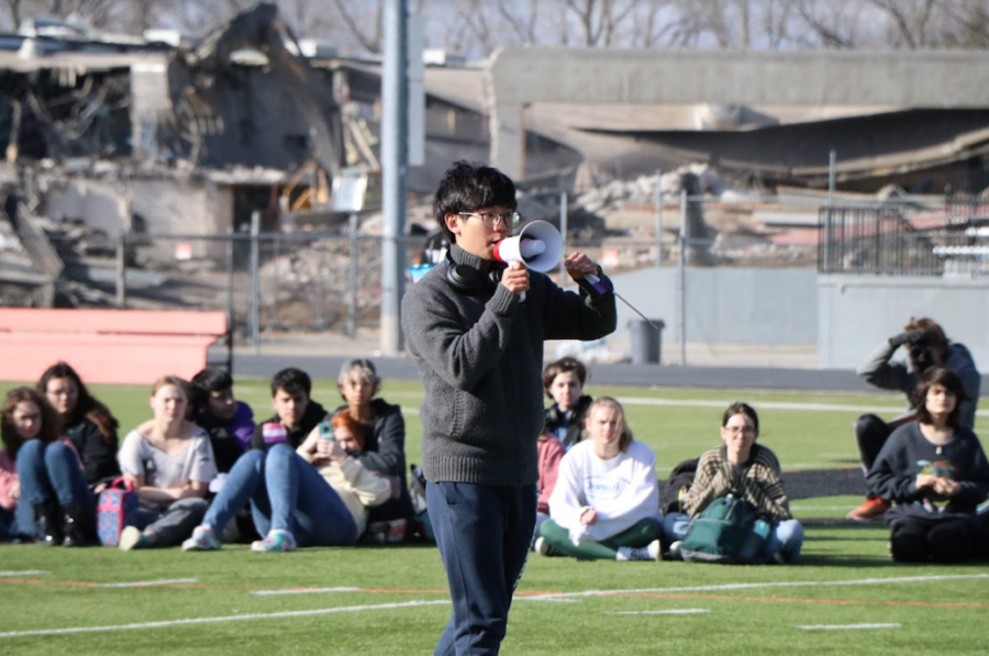 David Lee 23 speaks at the March 1st Spectrum (AHS Gender and Sexuality Alliance), SACRE (Students Advocating for Civil Rights Education), and Iowa WTF protest against anti-LGBTQ legislation.