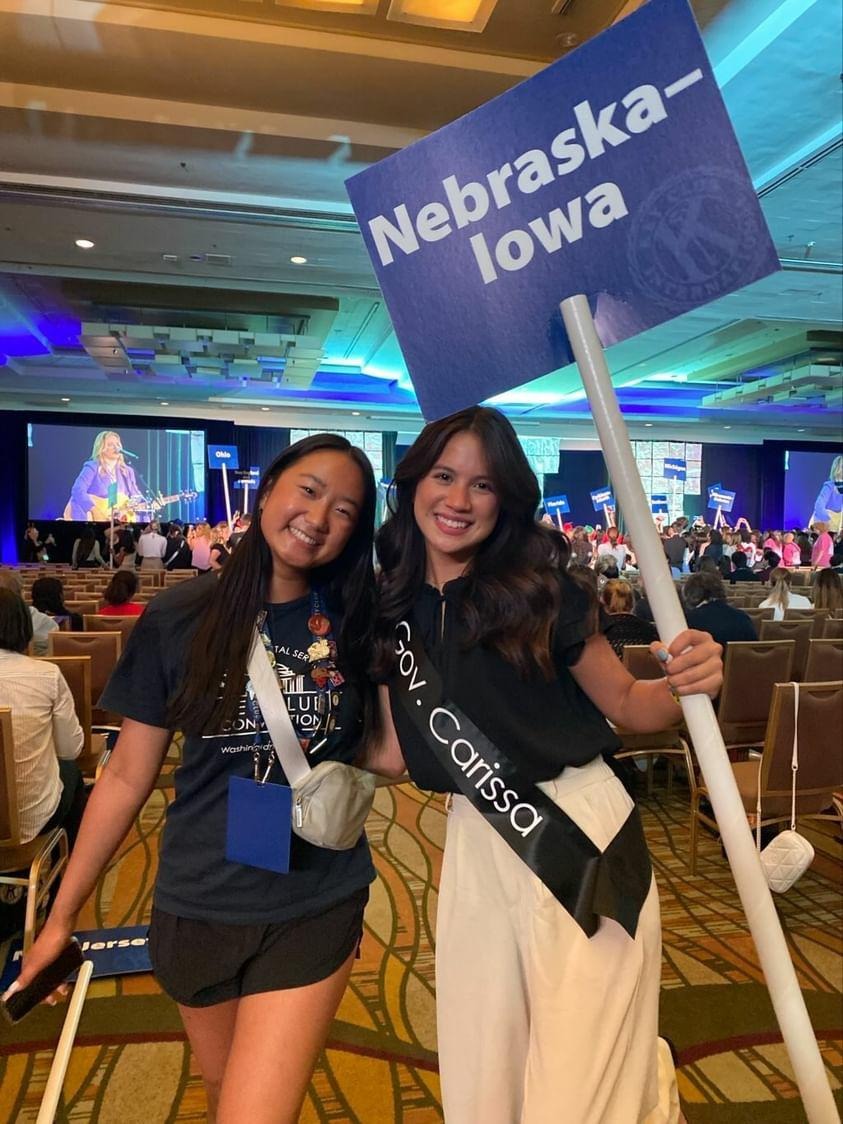 Key Club secretary Carissa Andorf and Key Club editor Wenjun Liu pose for a photo at ICON, the Key Club International Convention in Anaheim, California in 2022.