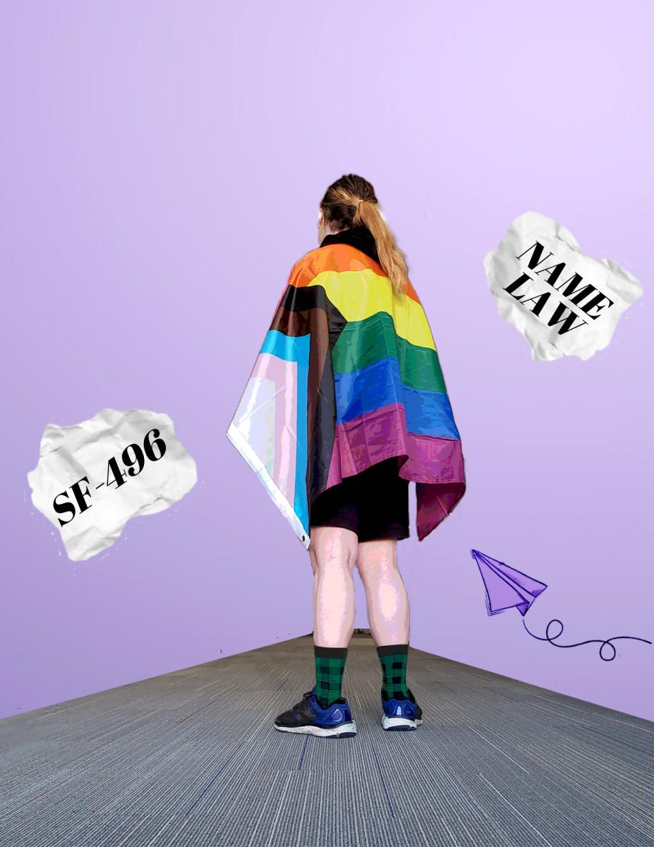 Min+Williamson+stands+with+an+LGBTQ%2B+flag+draped+across+her+shoulders.+SF-496+has+mandated+that+teachers+must+report+student+requests+to+go+by+different+pronouns+than+those+listed+in+school+records.+The+legislation+poses+new+challenges+for+trans+youth.+Created+with+Canva.+