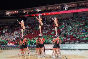 Ames High cheerleaders performing at Wells Fargo. Photo by Ames High cheer coach.