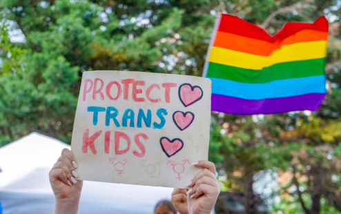 A person holds up a sign that reads, "Protect Trans Kids." Transgender students have felt increasingly targeted by legislation that limits their rights. Photo licensed through creative commons.