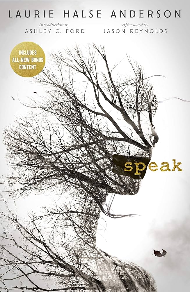 
Laurie Halse Anderson's "Speak" confronts the silencing of sexual assault survivors. Though written for young adults, its unflinching portrayal remains essential reading. Cover art by Lisa Peters.